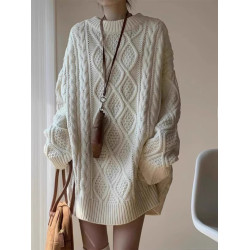 復古高級感圓領麻花套頭毛衣女秋冬加厚慵懶寬松中長款針織衫上衣