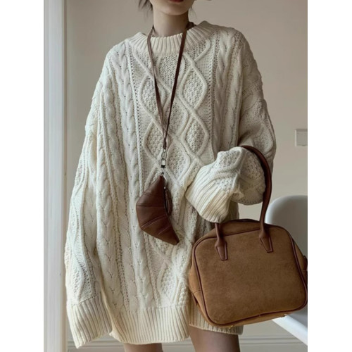 復古高級感圓領麻花套頭毛衣女秋冬加厚慵懶寬松中長款針織衫上衣