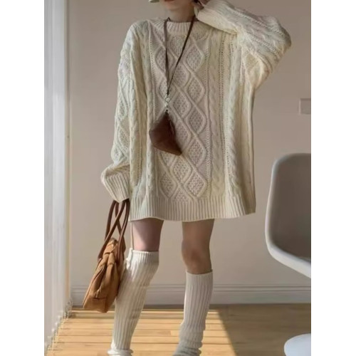 復古高級感圓領麻花套頭毛衣女秋冬加厚慵懶寬松中長款針織衫上衣