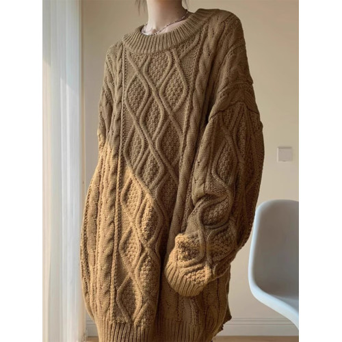 復古高級感圓領麻花套頭毛衣女秋冬加厚慵懶寬松中長款針織衫上衣