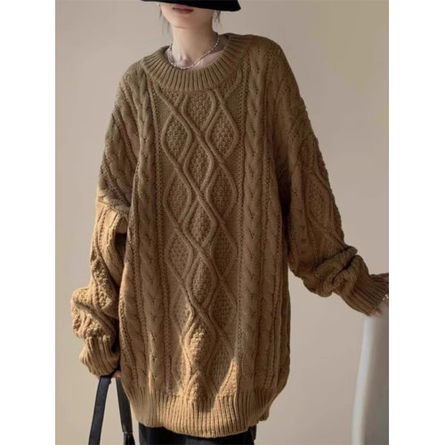 復古高級感圓領麻花套頭毛衣女秋冬加厚慵懶寬松中長款針織衫上衣