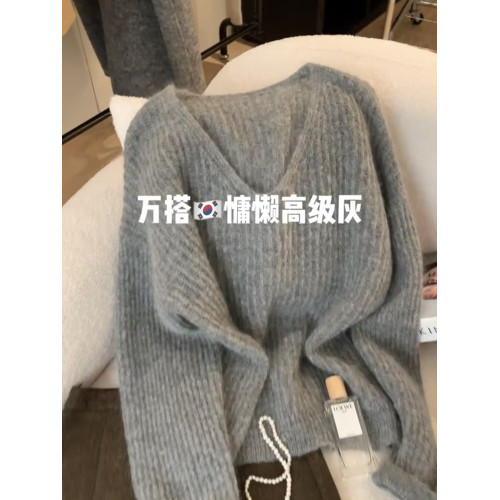 高級感軟糯灰色v領馬海毛毛衣女秋冬2025寬松慵懶風內搭歐貨上衣