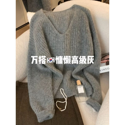 高級感軟糯灰色v領馬海毛毛衣女秋冬2025寬松慵懶風內搭歐貨上衣