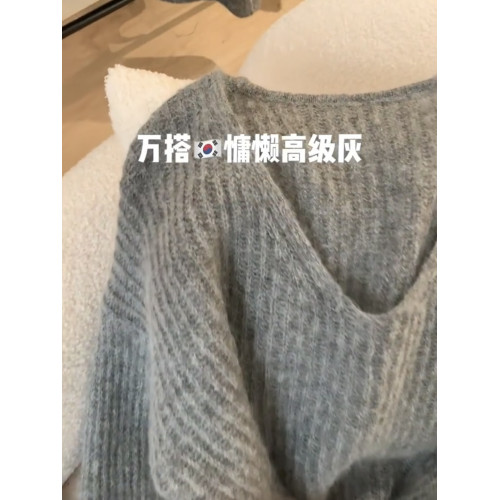 高級感軟糯灰色v領馬海毛毛衣女秋冬2025寬松慵懶風內搭歐貨上衣