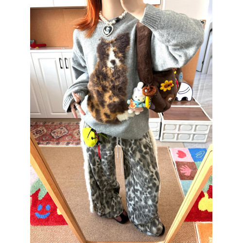 灰色斑點狗馬海毛拼接毛衣女秋冬季加厚慵懶風寬松套頭針織衫上衣