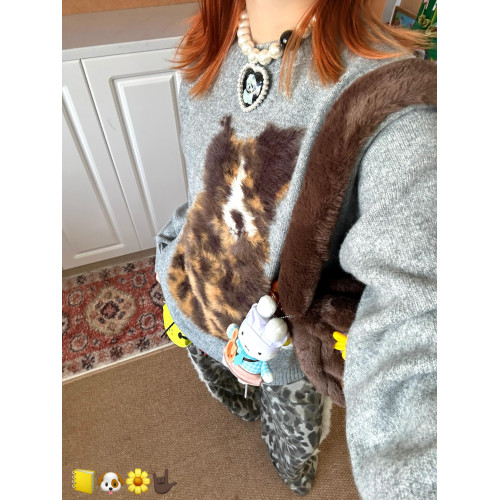 灰色斑點狗馬海毛拼接毛衣女秋冬季加厚慵懶風寬松套頭針織衫上衣