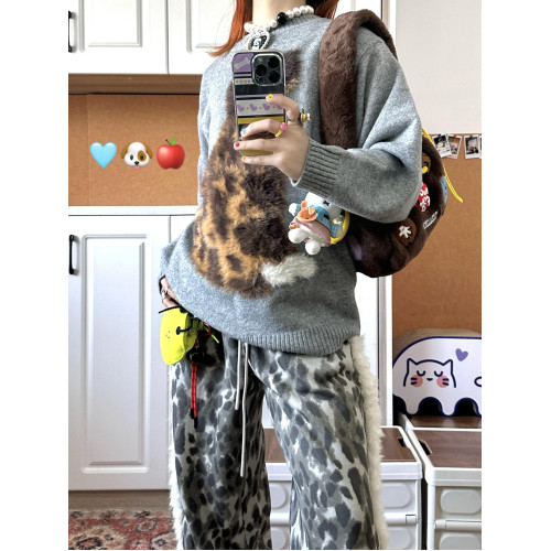 灰色斑點狗馬海毛拼接毛衣女秋冬季加厚慵懶風寬松套頭針織衫上衣