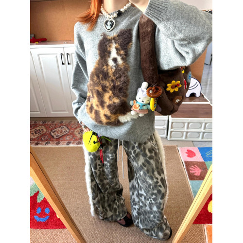 灰色斑點狗馬海毛拼接毛衣女秋冬季加厚慵懶風寬松套頭針織衫上衣