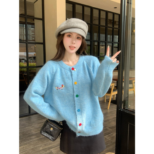 胖mm大碼百搭多巴胺毛衣外套女秋季卡通刺綉設計感甜美風開衫上衣