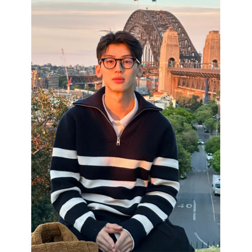 黑白撞色條紋毛衣男秋冬日系復古半拉鍊立領毛線衣高級感針織外套