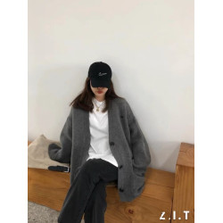 2025秋冬新韓國東大門胖mm寬松慵懶風v領毛衣外套女加厚針織開衫