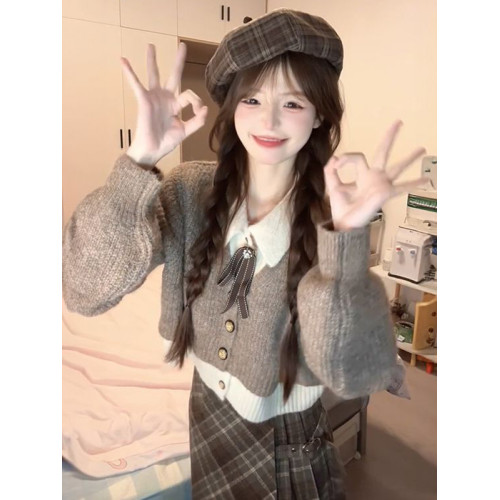 氣質百搭休閒減齡POLO領假兩件毛衣女秋冬新款短款針織衫寬松上衣