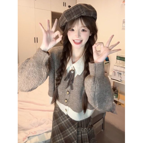 氣質百搭休閒減齡POLO領假兩件毛衣女秋冬新款短款針織衫寬松上衣