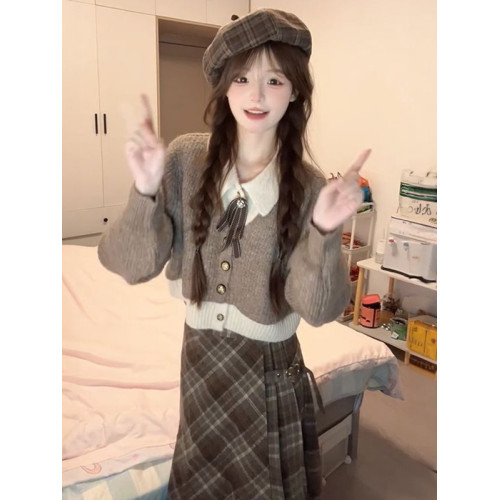 氣質百搭休閒減齡POLO領假兩件毛衣女秋冬新款短款針織衫寬松上衣