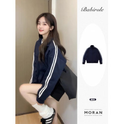 美式復古運動休閒拉鍊衛衣外套2025秋冬藏藍色加絨加厚寬松開衫女