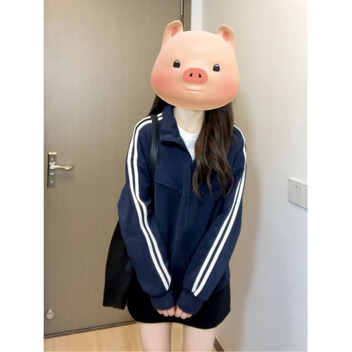 美式復古運動休閒拉鍊衛衣外套2025秋冬藏藍色加絨加厚寬松開衫女 美式復古運動休閒拉鍊衛衣外套2025秋冬藏藍色加絨加厚寬松開衫女