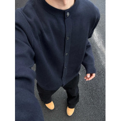 weere男裝針織外套春秋款寬松休閒慵懶風高級感黑色圓領毛衣開衫