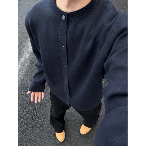 weere男裝針織外套春秋款寬松休閒慵懶風高級感黑色圓領毛衣開衫