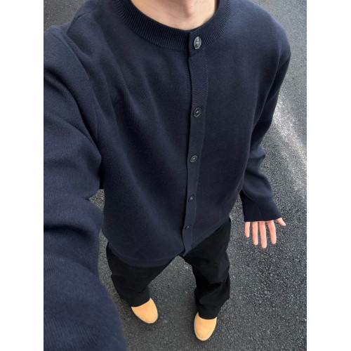 weere男裝針織外套春秋款寬松休閒慵懶風高級感黑色圓領毛衣開衫