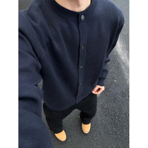 weere男裝針織外套春秋款寬松休閒慵懶風高級感黑色圓領毛衣開衫