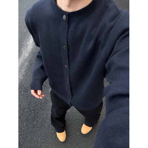 weere男裝針織外套春秋款寬松休閒慵懶風高級感黑色圓領毛衣開衫