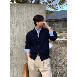 SSUMENAM「老錢風 麻花紋理」高級感毛衣開衫男秋冬針織衫外套