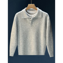 NR先生日系休閒輕奢風翻領男polo衫簡約純色細條磨毛百搭針織毛衣