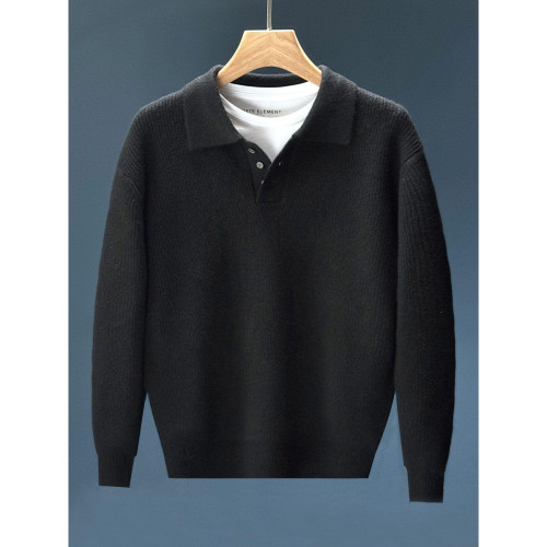 NR先生日系休閒輕奢風翻領男polo衫簡約純色細條磨毛百搭針織毛衣