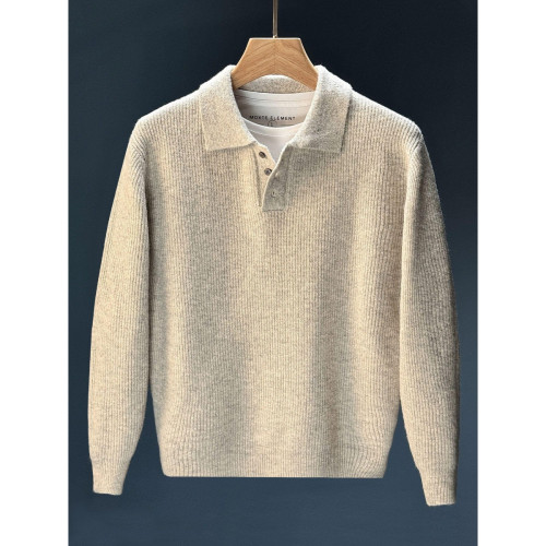 NR先生日系休閒輕奢風翻領男polo衫簡約純色細條磨毛百搭針織毛衣