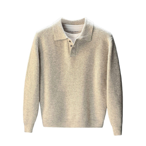 NR先生日系休閒輕奢風翻領男polo衫簡約純色細條磨毛百搭針織毛衣