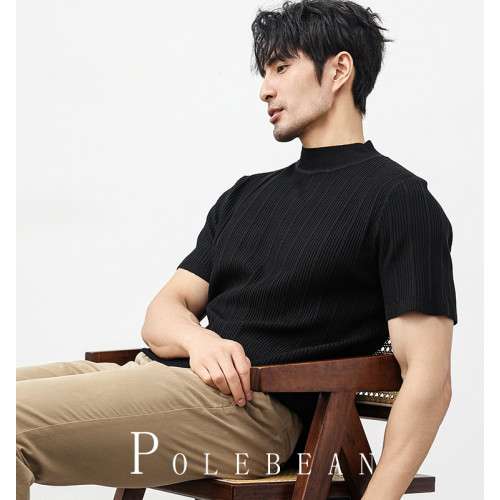 秋冬新款半高領毛衣男士短袖打底針織衫中領純色修身內搭半袖線衣