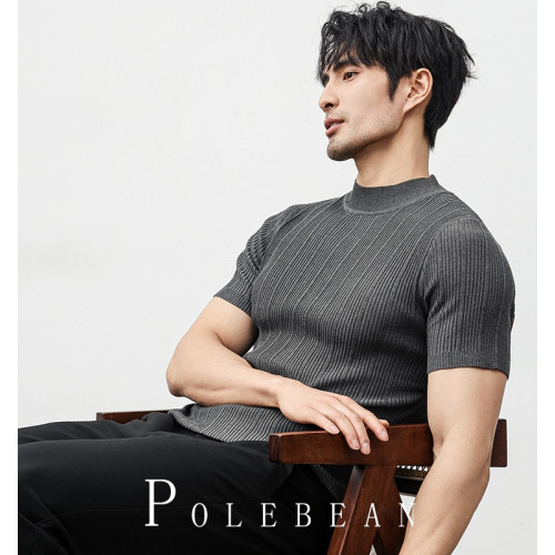 秋冬新款半高領毛衣男士短袖打底針織衫中領純色修身內搭半袖線衣