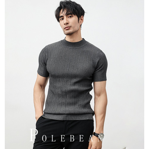秋冬新款半高領毛衣男士短袖打底針織衫中領純色修身內搭半袖線衣