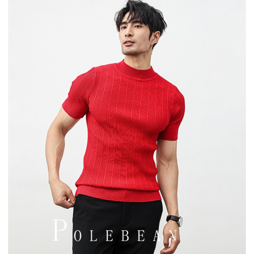 秋冬新款半高領毛衣男士短袖打底針織衫中領純色修身內搭半袖線衣