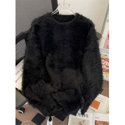 2025秋冬純色水貂絨長袖毛衣男女圓領套頭加厚保暖針織衫日系bf風