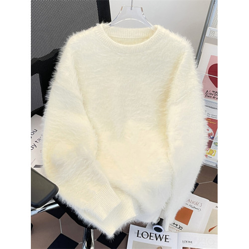 2025秋冬純色水貂絨長袖毛衣男女圓領套頭加厚保暖針織衫日系bf風