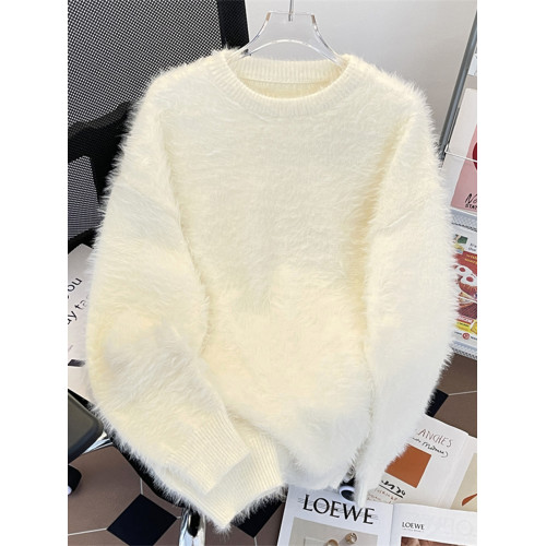 2025秋冬純色水貂絨長袖毛衣男女圓領套頭加厚保暖針織衫日系bf風