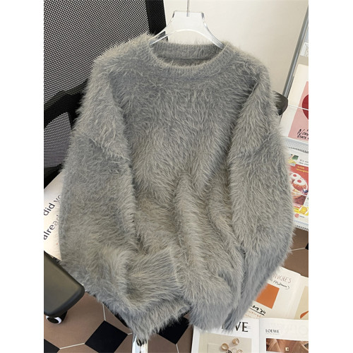 2025秋冬純色水貂絨長袖毛衣男女圓領套頭加厚保暖針織衫日系bf風