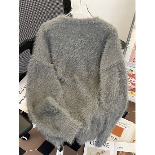 2025秋冬純色水貂絨長袖毛衣男女圓領套頭加厚保暖針織衫日系bf風