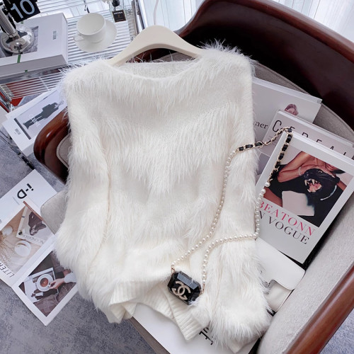 高級感水貂絨毛衣女秋冬加厚保暖溫柔風軟糯流蘇針織衫內搭上衣潮