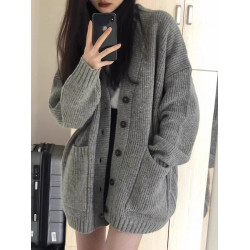 秋冬女裝批新款髮休閒針織復古軟糯慵懶寬松外搭開衫V領毛衣外套