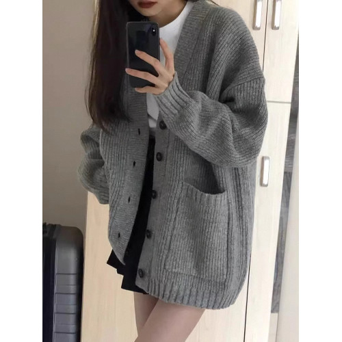 秋冬女裝批新款髮休閒針織復古軟糯慵懶寬松外搭開衫V領毛衣外套