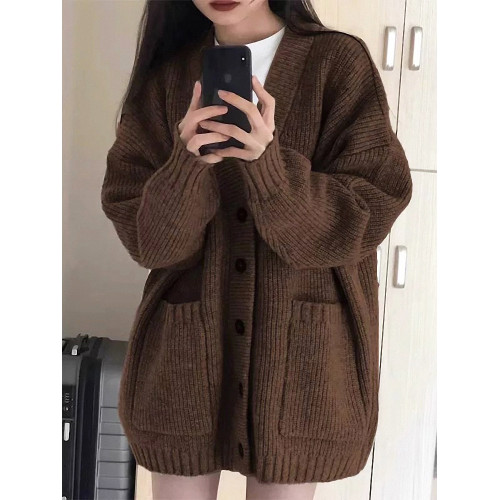 秋冬女裝批新款髮休閒針織復古軟糯慵懶寬松外搭開衫V領毛衣外套