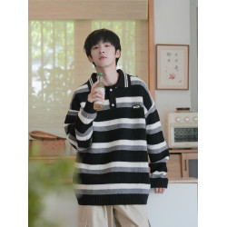 @港仔文藝男 Polo領條紋毛衣男秋冬青少年冬季男生翻領針織衫上衣