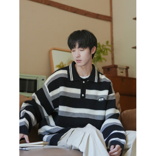 @港仔文藝男 Polo領條紋毛衣男秋冬青少年冬季男生翻領針織衫上衣