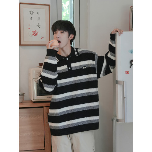@港仔文藝男 Polo領條紋毛衣男秋冬青少年冬季男生翻領針織衫上衣
