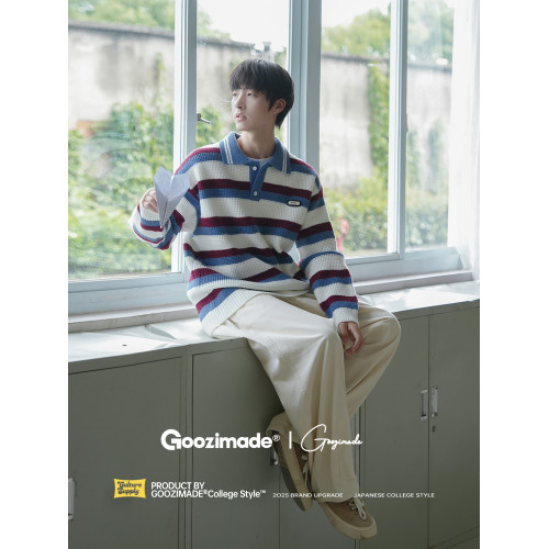 @港仔文藝男 Polo領條紋毛衣男秋冬青少年冬季男生翻領針織衫上衣