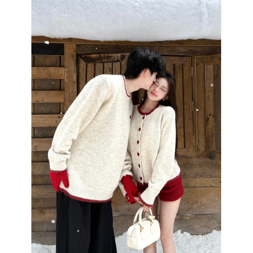 韓系愛心撞色毛衣開衫外套男女情侶裝秋冬季軟糯別致針織衫上衣潮