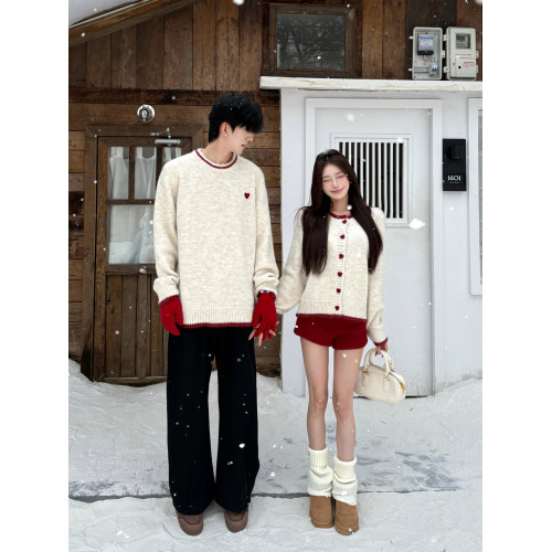 韓系愛心撞色毛衣開衫外套男女情侶裝秋冬季軟糯別致針織衫上衣潮