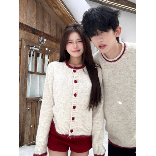 韓系愛心撞色毛衣開衫外套男女情侶裝秋冬季軟糯別致針織衫上衣潮